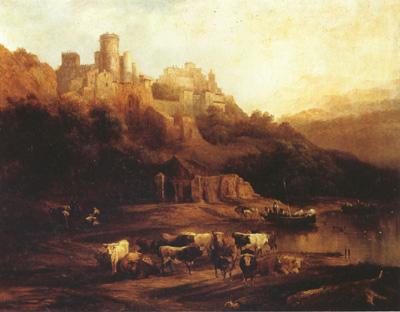 Jenaro Perez Villaamil Herd of Cattle Resting on a Riverbank in Front of a Castle (mk22) oil painting image